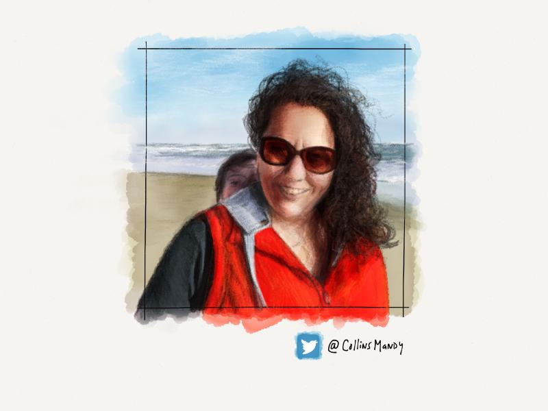 Digital watercolor and pencil portrait of a woman with long curly hair, in sunglasses with an orange tint, red jacket, and a small boy peaking behind her. Both are standing on a beach.