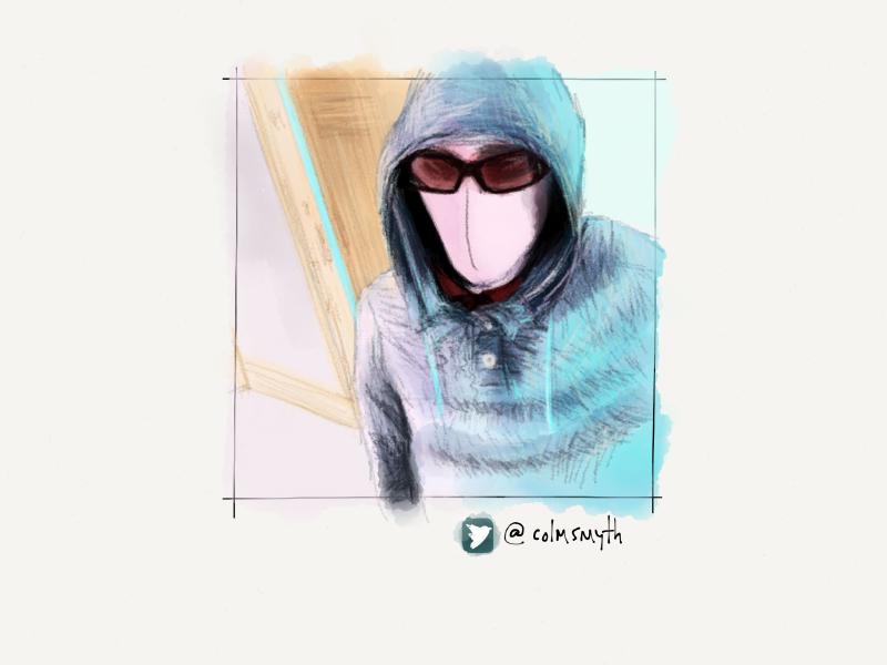 Digital watercolor and pencil portrait of a faceless man wearing bug sunglasses and a fuzzy stripped hooded sweatshirt that is pulled up over his head.