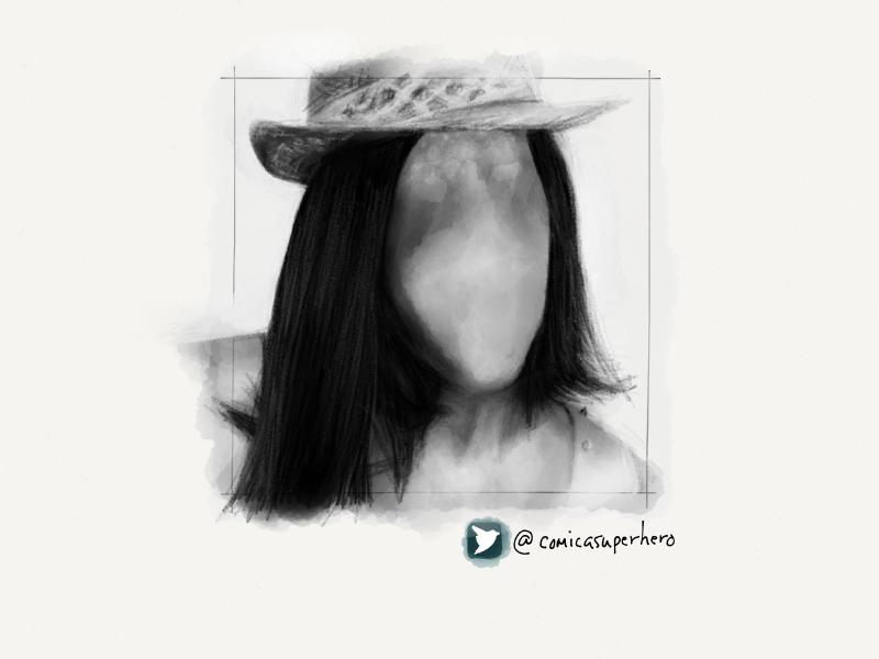 Black and white digital watercolor and pencil portrait of a faceless woman with long black hair wearing a light colored hat.