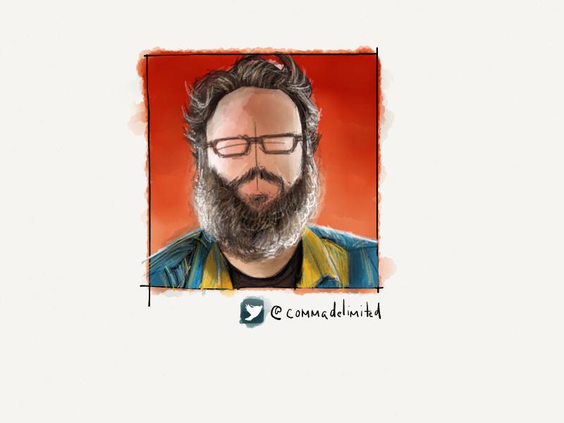 Digital watercolor and pencil portrait of a faceless man with a large puffy beard peppered with gray hairs. Intense orange background is set off against his blue and yellow shirt.