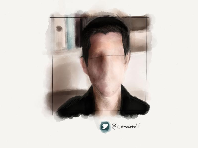 Digital watercolor and pencil portrait of a faceless man with dark hair and black shirt. A single black pencil line runs across where his eyes should be.