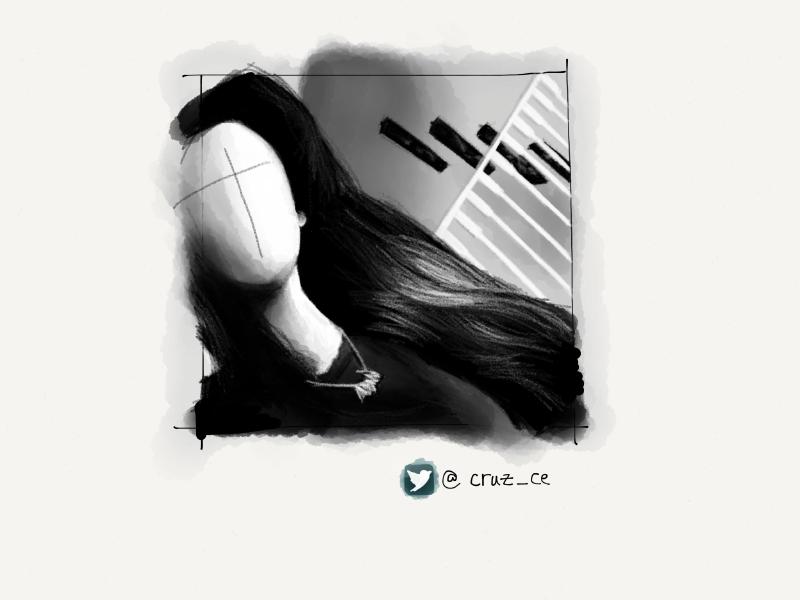 Black and white digital watercolor and pencil portrait of a faceless woman with long flowing hair, framed at an angle in front of a white banister. Her face is replaced with a thin cross of black pencil.