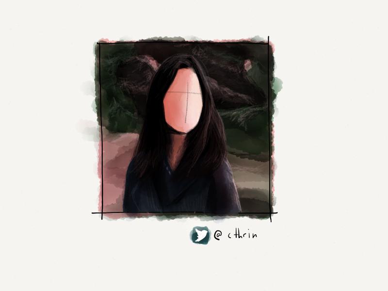 Digital watercolor and pencil portrait of a faceless woman with long brown hair standing in a forest. Painted in warm and muted tones.