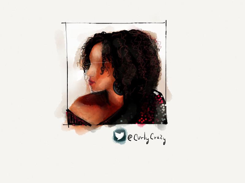Digital watercolor and ink side profile portrait of a woman with long curly hair and wearing large black earrings and shiny red and silver top.