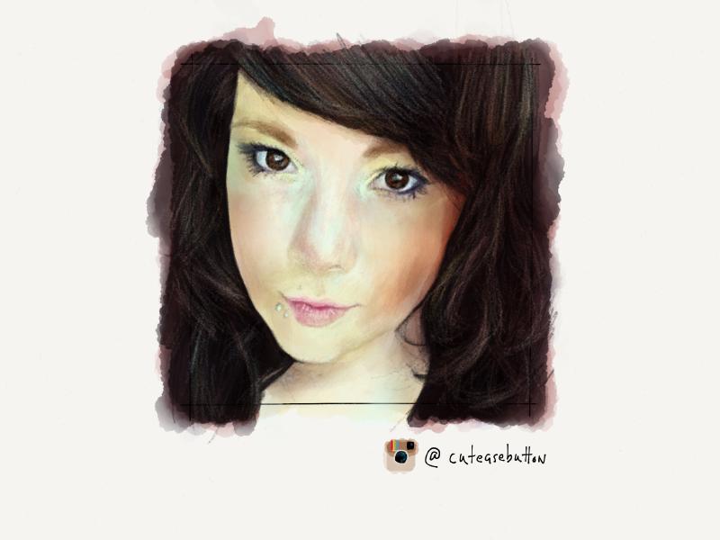 Digital watercolor and pencil closeup portrait of a woman with wavy brown hair and two monroe style facial piercings below her lip.