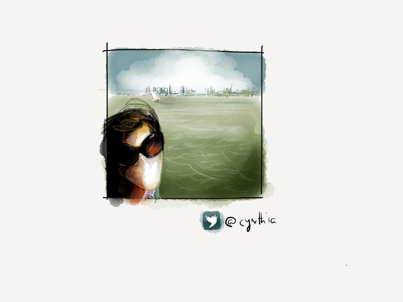 Digital watercolor and pencil portrait of a faceless woman wearing large sunglasses as she looks at the viewer. Her face is placed in the lower left corner with a green body of water and skyline filling the rest of the square frame.