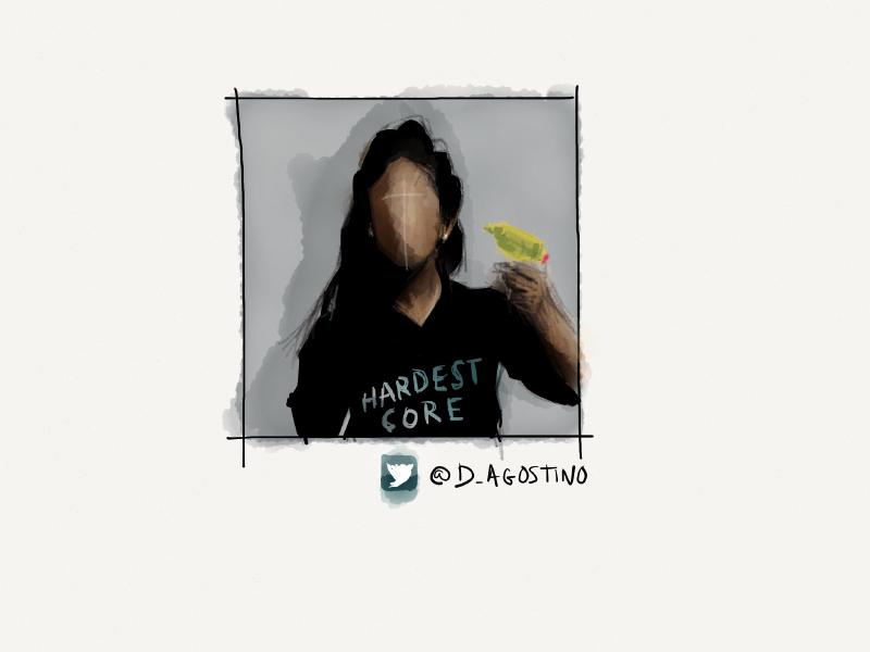 Digital watercolor and pencil portrait of a faceless woman wearing a black shirt that says HARDEST CORE and pointing a yellow plastic squirt gun to her head.