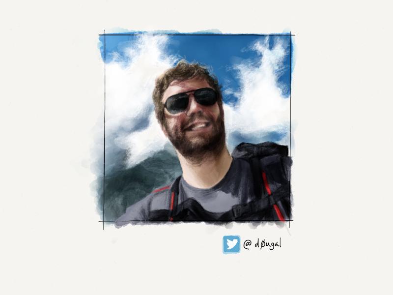 Digital watercolor and pencil portrait a smiling bearded man wearing sunglasses and backpacking gear with blue skies shown behind him.