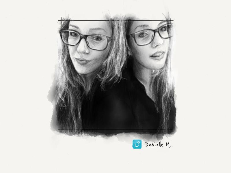 Black and white digital watercolor and pencil portrait of a girl with long hair and wearing large black glasses and a nose ring. Her body is mirrored with itself giving the effect there are two of her standing back to back.