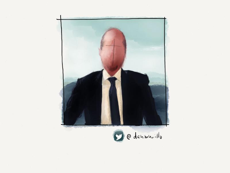 Digital watercolor and pencil portrait of a faceless bald man wearing a black suit and tie, standing outside with a light blue sky behind him.