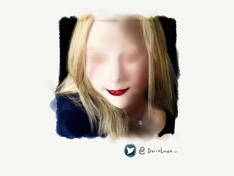 Digital watercolor and pencil portrait of a blonde woman with no eyes or nose, only her red lipstick is visible.