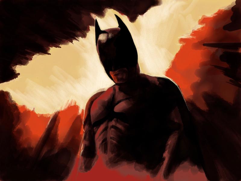 Digital watercolor and pencil illustration of Christian Bale as Batman in the Dark Knight Rises with a flamming bat shape behind him.