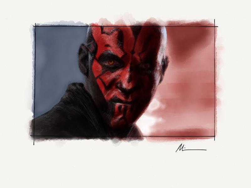 Digital watercolor and pencil closeup portrait of Darth Maul from Star Wars Episode I.