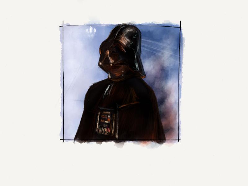 Digital watercolor and pencil portrait of Darth Vader from Star Wars Episode 5, standing in blue and purple fog as Han Solo is lowered into carbonite.