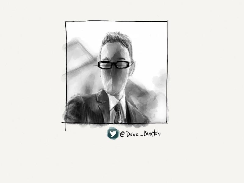 Black and white digital watercolor and pencil portrait of a faceless man wearing glasses and a gray suit.