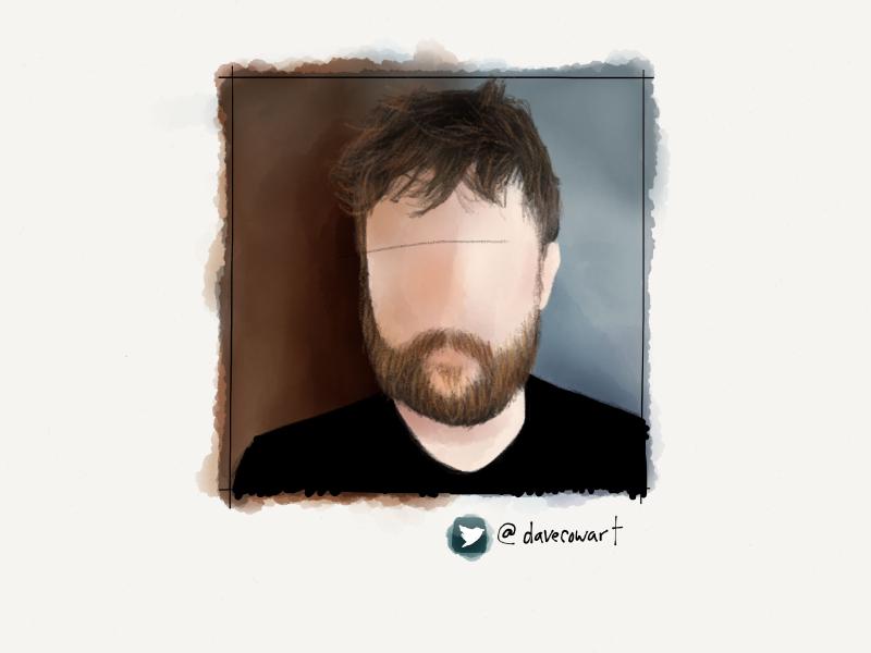 Digital watercolor and pencil portrait of a faceless man with a light brown beard and bedhead hair wearing a black shirt. He looks on at the viewer with a brown and blue-grey background behind him.