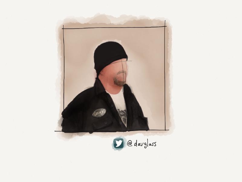 Digital watercolor and pencil portrait of a faceless man with light colored goatee, wearing a black skull cap and work shirt. A cross is marked across his face where his eyes and mouth should be.
