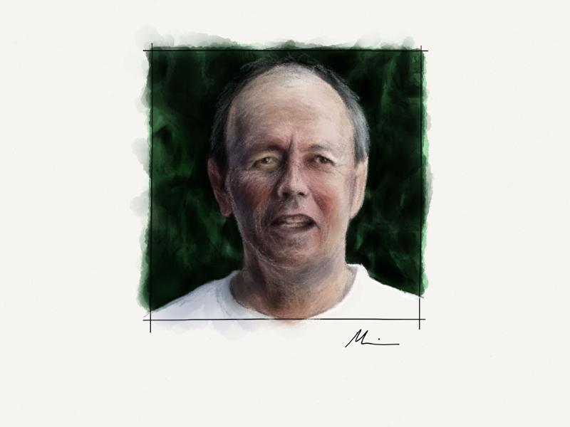 Digital watercolor and pencil portrait of an older man with his mouth open looking at the viewer, gray hair, and wearing a white t-shirt as he stands in front of green bushes.