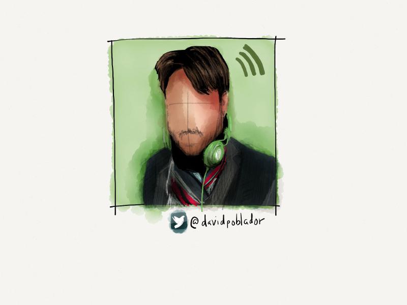Digital watercolor and pencil portrait of a faceless man with green over the ear headphones around his neck, wearing a striped scarf and blazer with a Spotify logo placed next to his head.
