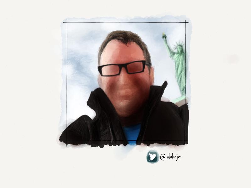 Digital watercolor and pencil portrait of a faceless man taking a selfie in front of the Statue of Liberty.