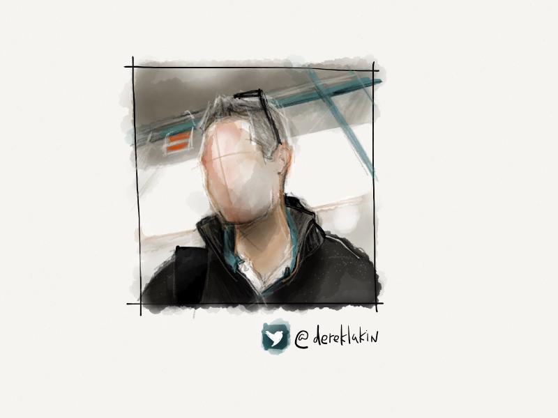 Digital watercolor and pencil portait of a faceless man wearing a pullover with his sunglasses raised up on his head as he stands in a subway car.