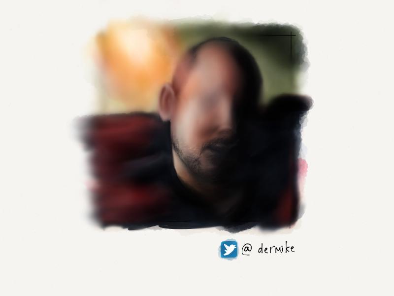 Digital watercolor and pencil portrait of a faceless man with shaved head and stubble, blurred together.