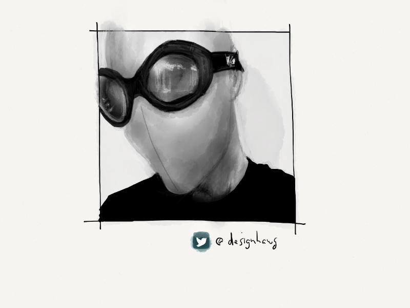 Black and white digital watercolor and pencil closeup portrait of a faceless man wearing ski goggles.