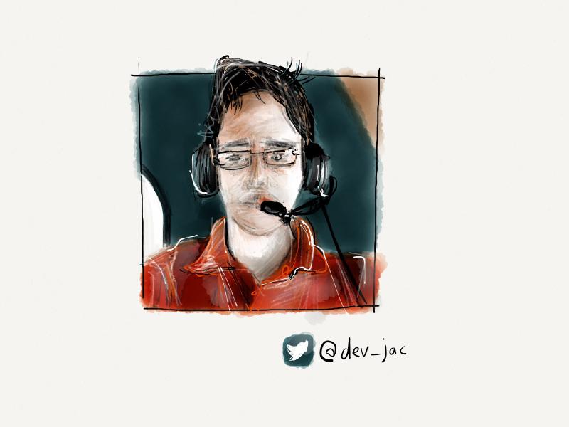 Digital watercolor and ink portrait of a man wearing a headset, glasses, and red polo shirt as he pilots an air craft.