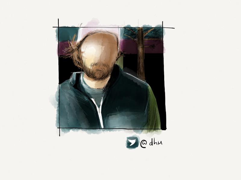 Digital watercolor and pencil portrait of a bearded man with long hair wearing a white knit hat and dark blue jacket outside by some trees.
