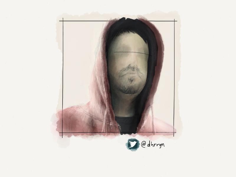 Digital watercolor and pencil portrait of a faceless man with stubble and a red hooded sweatshirt pulled up over his head. A single black pencil mark runs across where his eyes should be. Painted in muted colors.