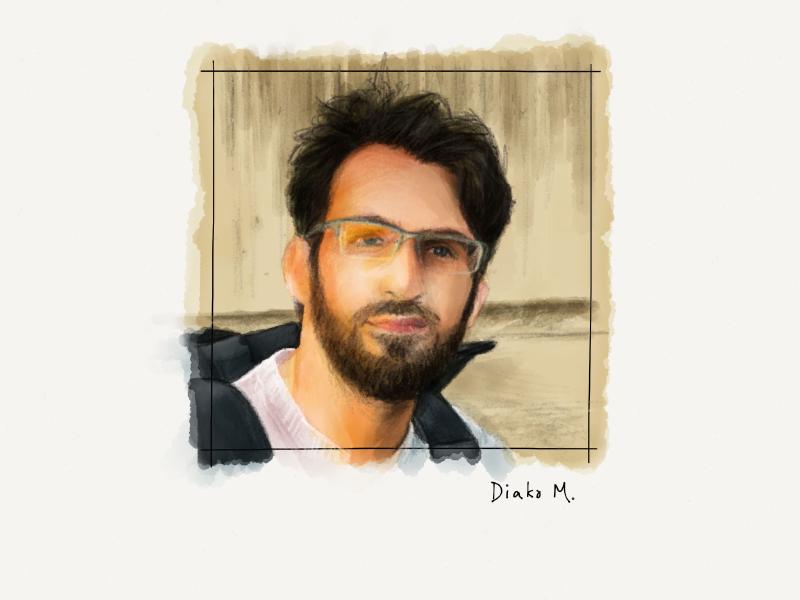 Digital watercolor and pencil portrait of a bearded man wearing silver framed glasses, tinted with orange, outside with a backpack on.