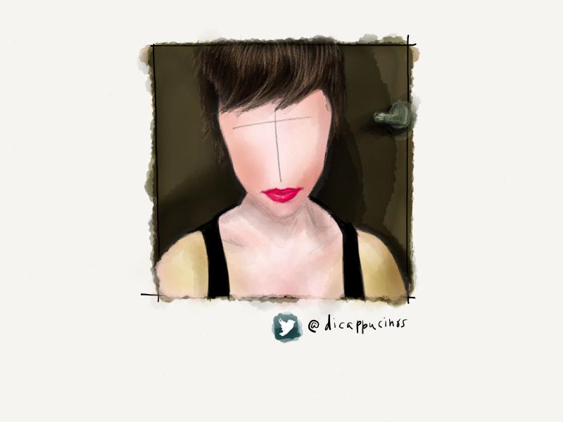 Digital watercolor and pencil portrait of a faceless woman with short brown hair and bright pink lipstick, standing in front of a bathroom door.