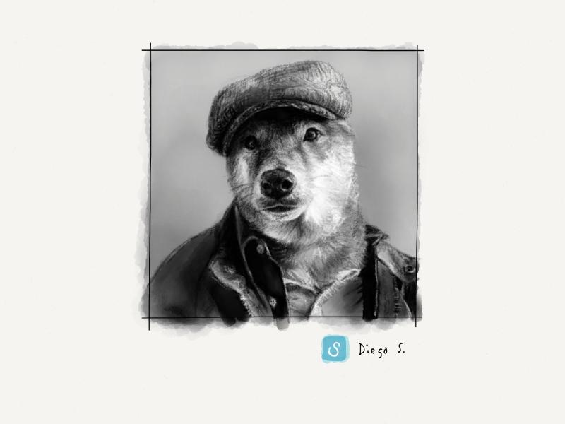 Black and white digital watercolor and pencil portrait of a long snouted dog looking at the viewer, wearing clothing and a cabbie's flat hat on his head.