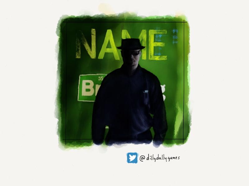 Digital watercolor and pencil portrait of a man wearing a pork pie hat and black sunglasses, dressed as Heisenberg and standing in front of a green Breaking Bad sign.