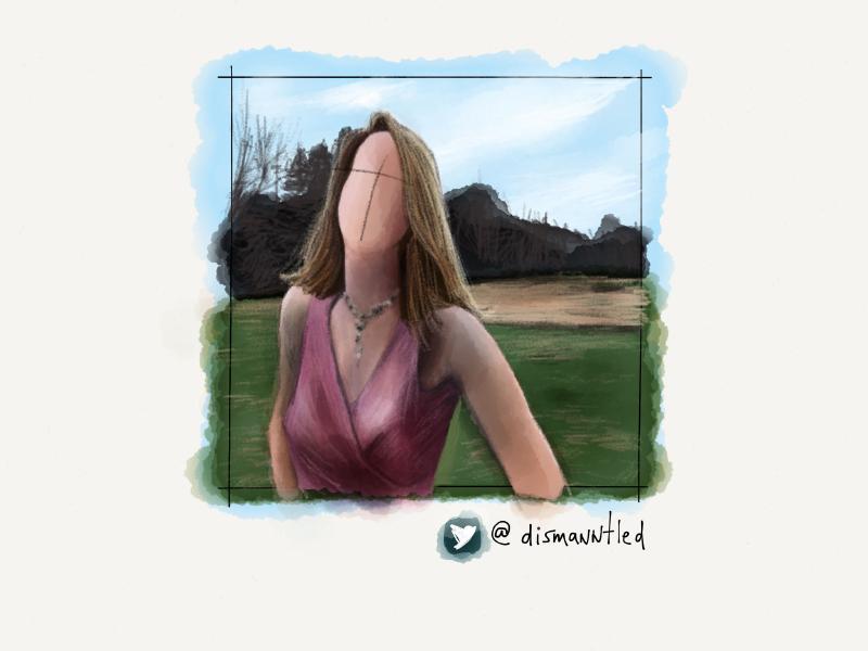 Digital watercolor and pencil portrait of a faceless woman dressed in a pink evening gown and necklace outside in front of rolling hills and grass.
