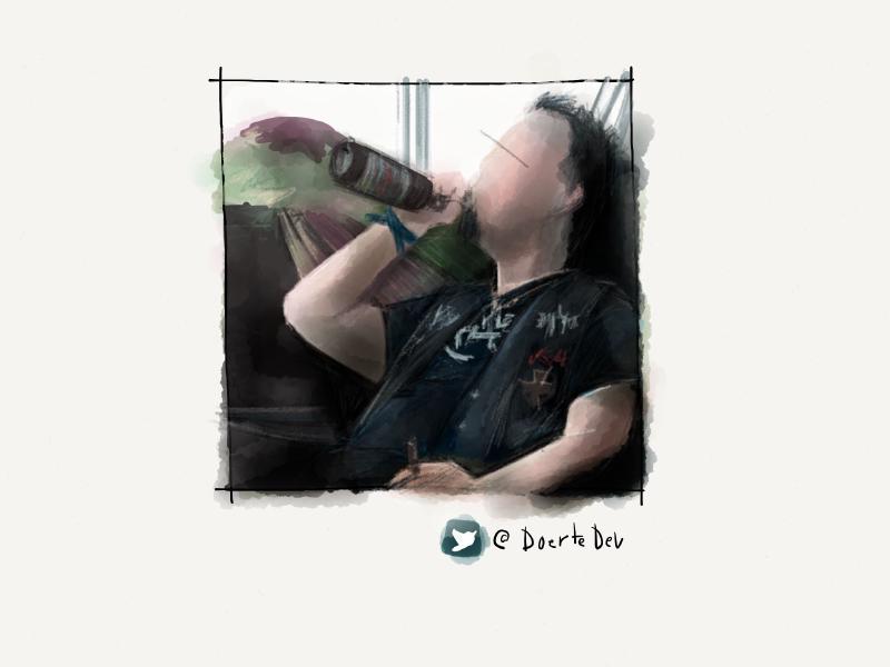 Digital watercolor and pencil portrait of a faceless metalhead wearing a black vest, drinking a 40oz of beer, and smoking.