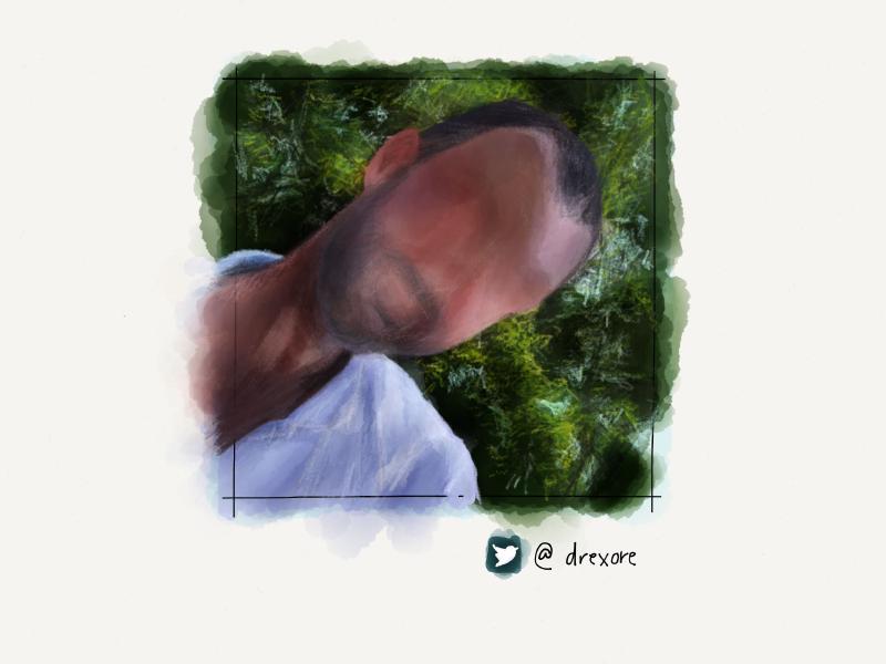 Digital watercolor and pencil portrait of a faceless man with shaved head and short beard stubble. He is wearing a white collared shirt and tilted at angle with trees behind him.