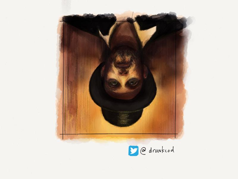 Digital watercolor and pencil portrait of a bearded man with piercing green eyes looking at the viewer, wearing a top hat and suit. Painting is rotated upside down with an aural of light glowing behind the man.
