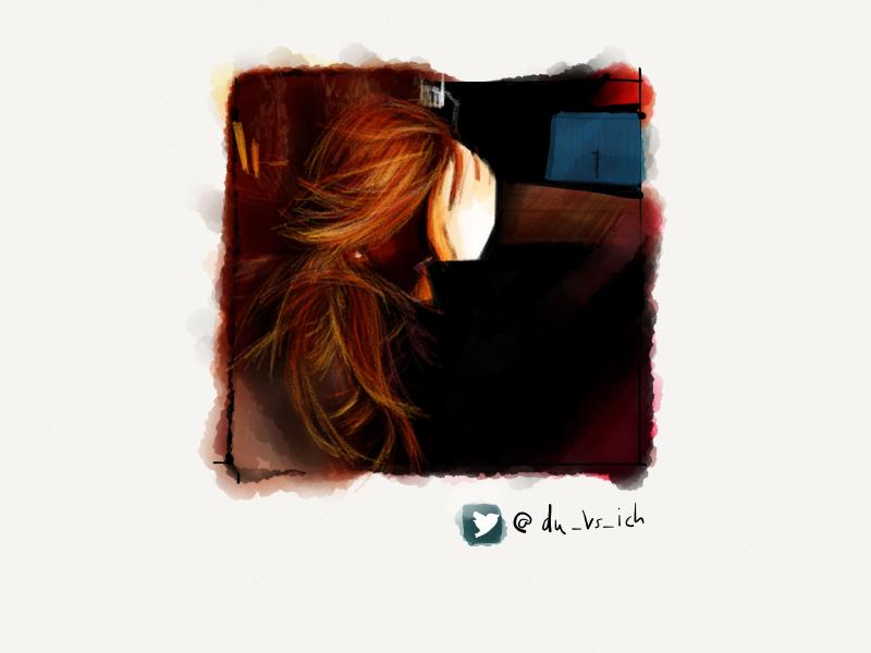 Digital watercolor and pencil portrait of a woman with long red hair holding her hand up to her face.