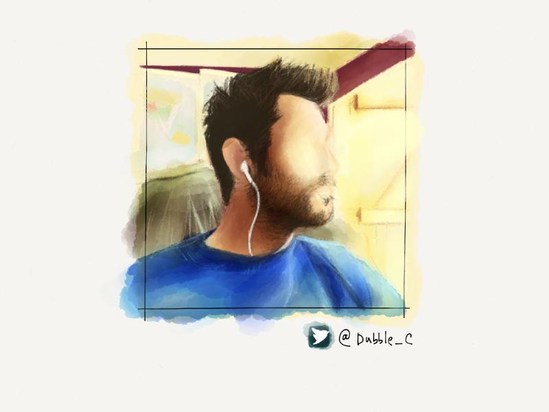 Digital watercolor and pencil side profile portrait of a man with beard stubble, wearing a bright blue sweater and white ear pods. His face has been intentionally painted without any features.