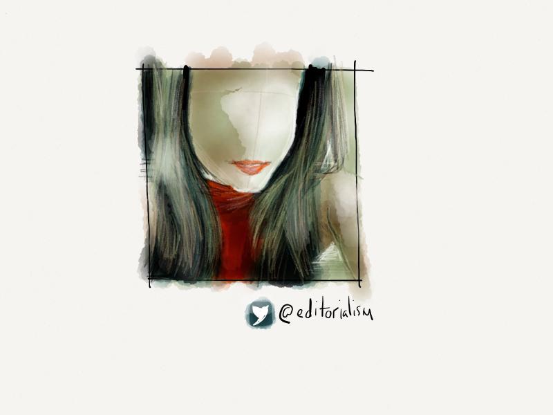 Digital watercolor and pencil portrait of a faceless woman with long hair with hints of blue wearing a red top and lipstick.