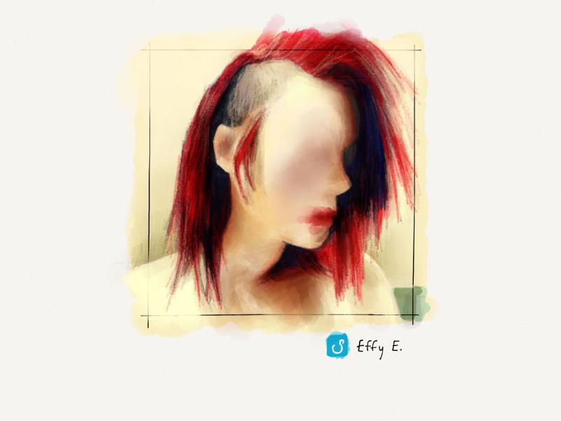 Digital watercolor and pencil side profile portrait of a faceless, topless woman with shaved head and undercut, bright red hair up in a mohawk, and smudged lipstick.