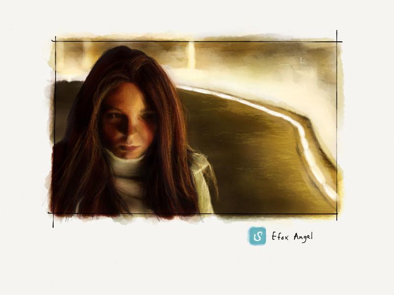 Digital watercolor and pencil portrait of woman with long hair wearing a white coat with the collar tight around her neck. To her side is a strip of white light illuminating her face and the adjacent wall.