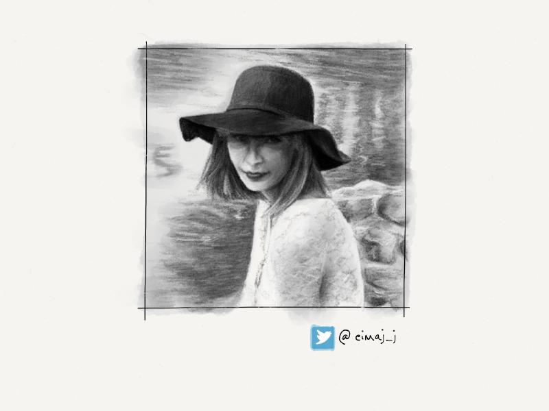Black and white digital watercolor and pencil portrait of a blonde woman wearing a floppy black hat sitting next a rock wall and water.