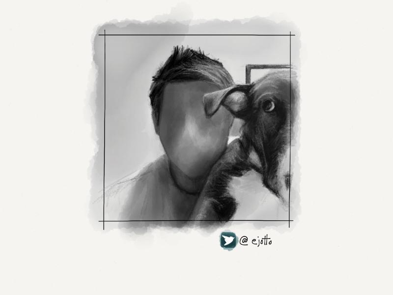 Black and white digital watercolor portrait of a faceless man posing with his large dog who is looking at him side eyed.