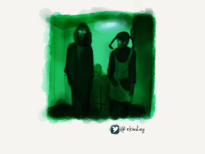 Digital watercolor and pencil portrait in green of two eerie figures with glowing eyes standing next to an inverted cross. The male figure is hooded while the pig tailed female wears a white dress over a black top.