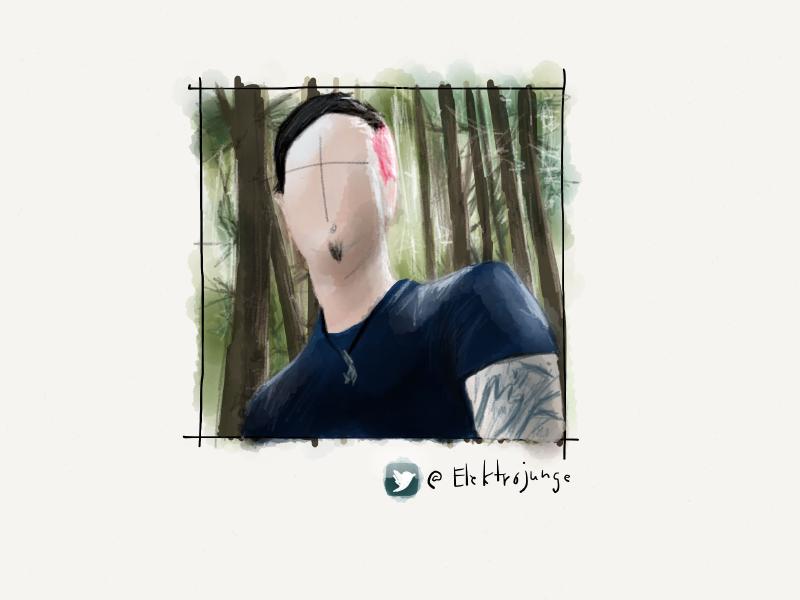 Digital watercolor and pencil portrait of a faceless man with black and pink side parted hair, wearing a tight blue shirt and revealing a tattoo on his upper left arm while standing in a forest of trees.