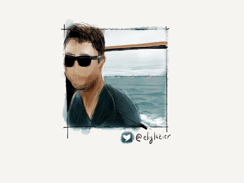 Digital watercolor and pencil portrait of a faceless man wearing black Ray Ban sunglasses and dark blue v-neck shirt while sitting on a boat with the ocean behind him.