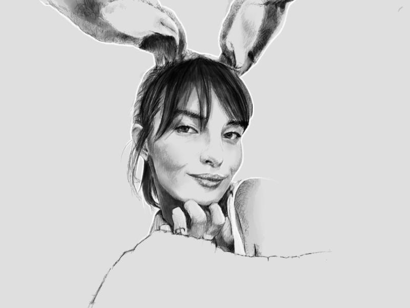 Black and white digital watercolor and pencil portrait of a woman with short hair and bangs wearing rabbit ears. Low contrast.