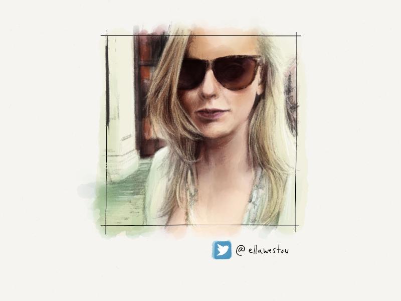 Digital watercolor and pencil portrait of a blonde woman wearing large sunglasses outside posed in front of a large wooden door.